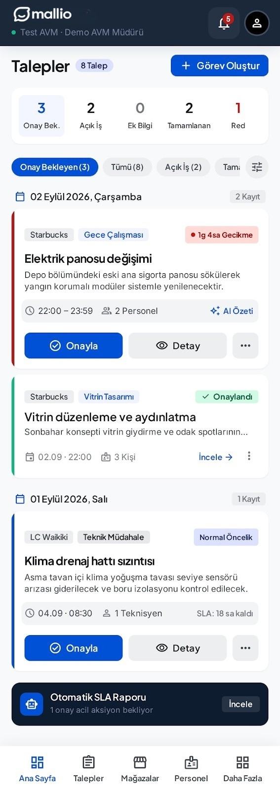 Test AVM için Mallio 2.0 Talepler tasarım referansı; tarih grupları ve durum kartları